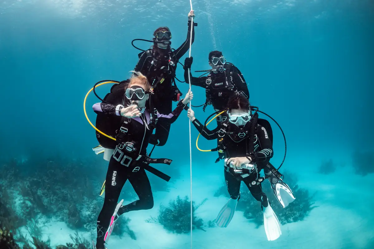 Scuba diving safety – divers training with an SSI instructor on a descent line